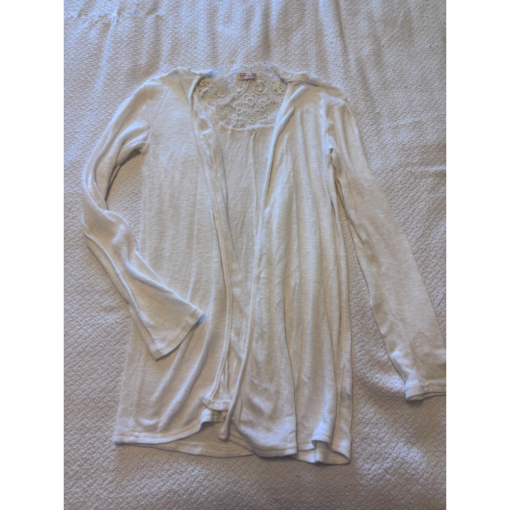 Cape Juby White Lace Back Open Front Cardigan Long Sleeve Slub Knit Sweater M